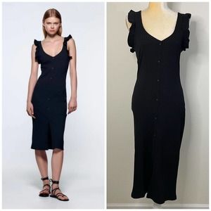 NWT ZARA Button Front Ribbed Sheath Midi Dress Size M Black Sleeveless